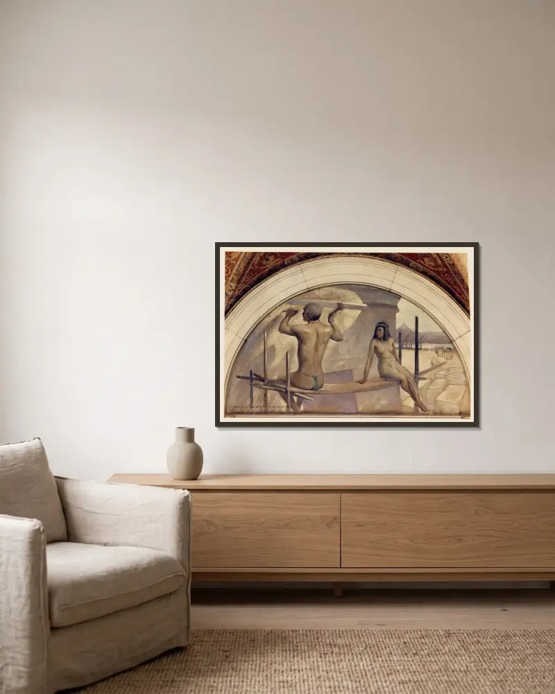 Egyptiska hieroglyfer, muralmålning i serien Bokens utveckling av John White Alexander inramad på en vägg