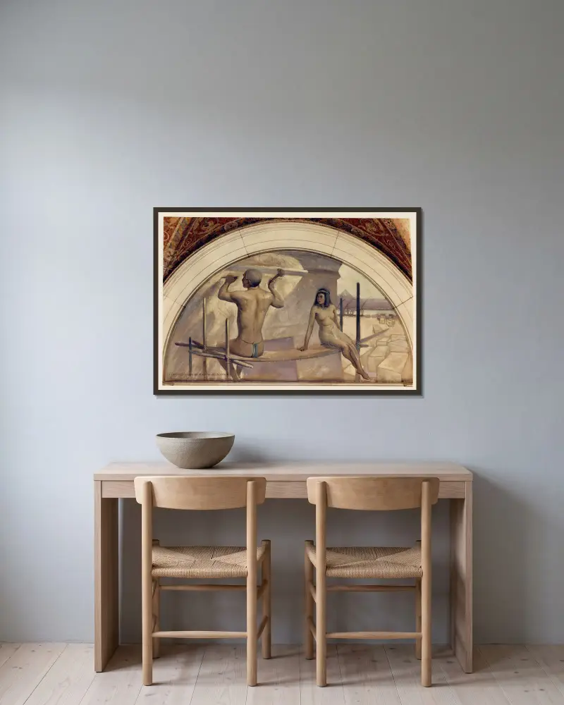 Egyptiska hieroglyfer, muralmålning i serien Bokens utveckling av John White Alexander inramad på en vägg