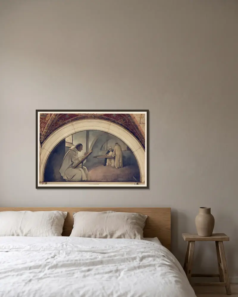 Buchmanuskript, Wandgemälde aus der Serie Die Entwicklung des Buches von John White Alexander gerahmt an einer Wand