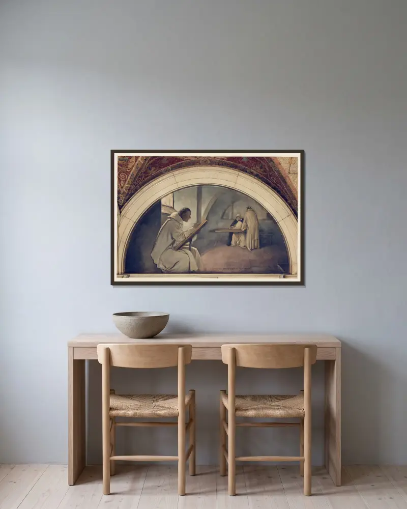 Buchmanuskript, Wandgemälde aus der Serie Die Entwicklung des Buches von John White Alexander gerahmt an einer Wand
