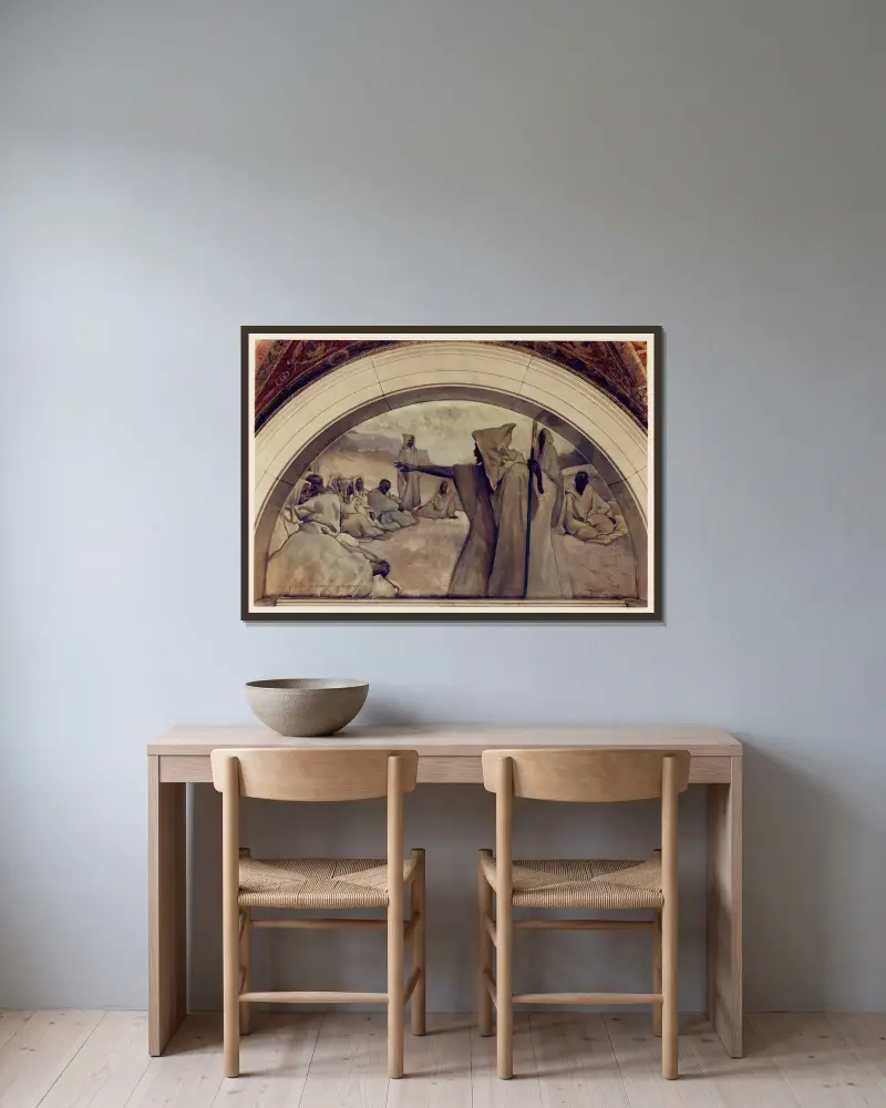 Oral Tradition – Wandmalerei aus der Serie Evolution of the Book von John White Alexander gerahmt an einer Wand