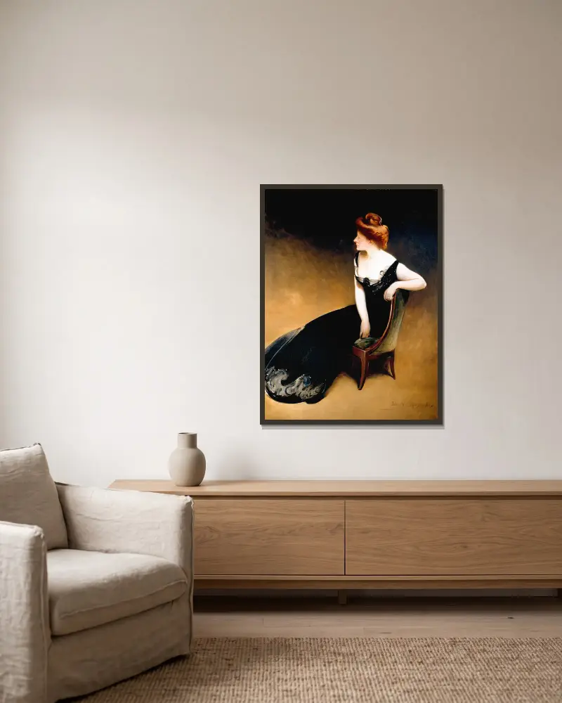Porträtt av Mrs. V, Mrs. Herman Duryea av John White Alexander inramad på en vägg