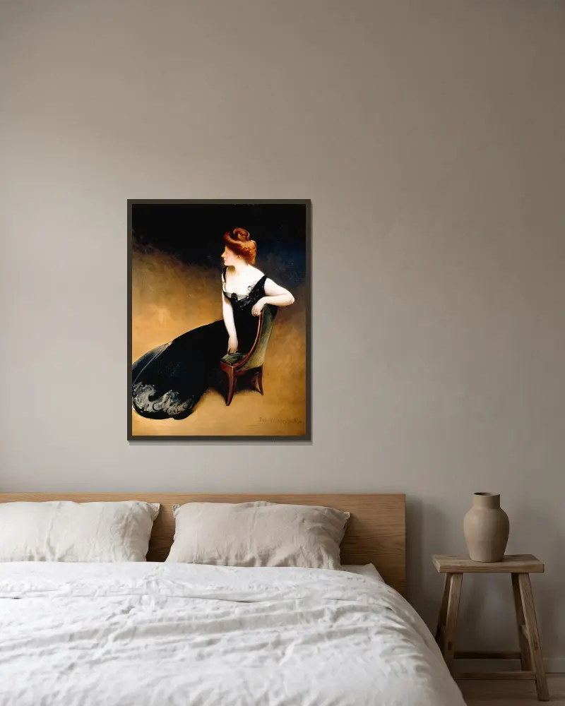 Porträtt av Mrs. V, Mrs. Herman Duryea av John White Alexander inramad på en vägg