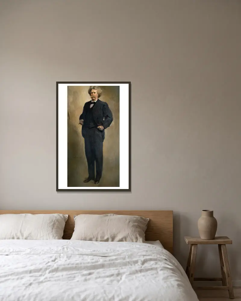 Porträtt av Samuel L. Clemens (Mark Twain) av John White Alexander inramad på en vägg