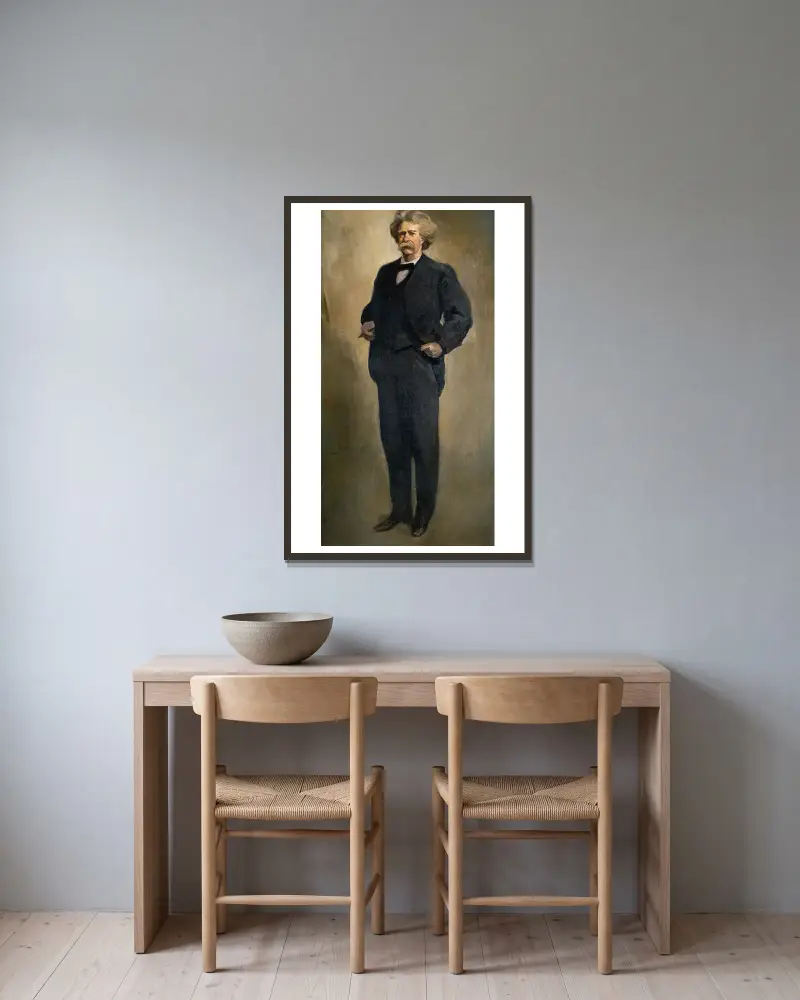 Porträtt av Samuel L. Clemens (Mark Twain) av John White Alexander inramad på en vägg