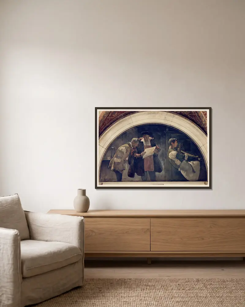 Druckpresse, Wandgemälde aus der Serie Die Entwicklung des Buches von John White Alexander gerahmt an einer Wand