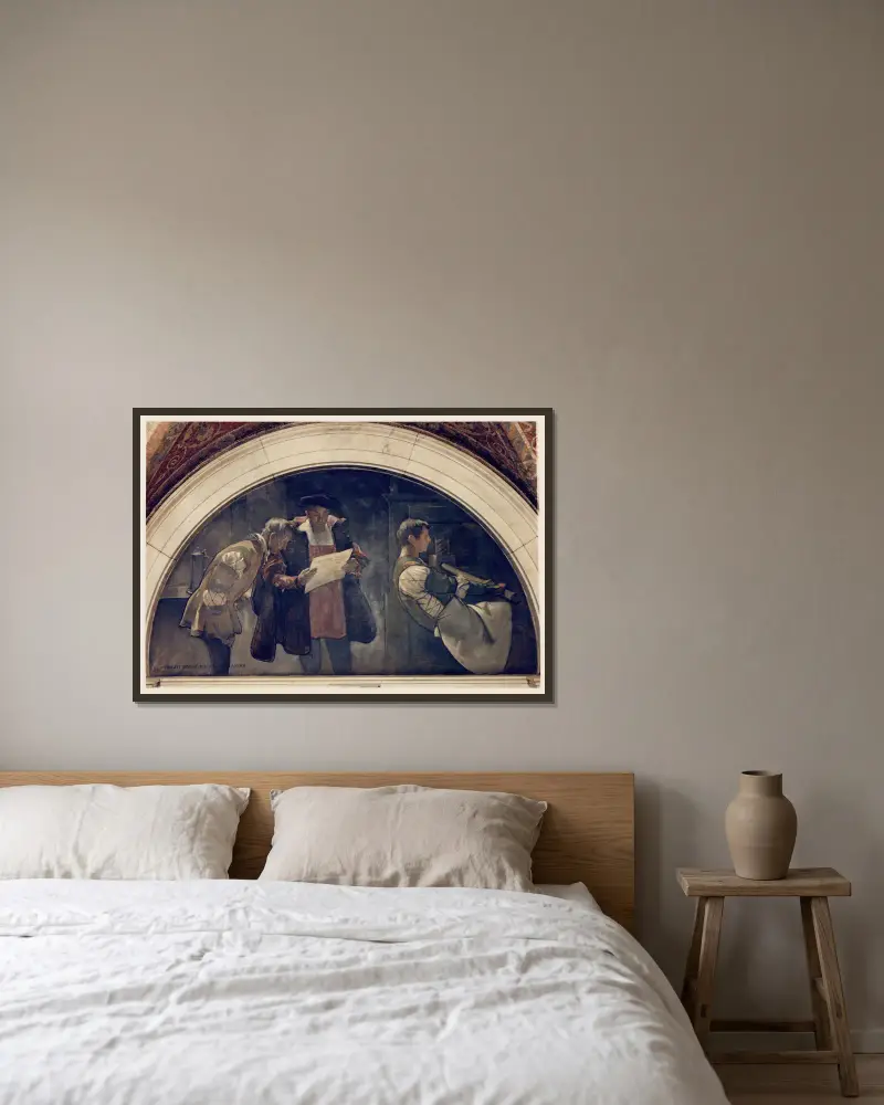 Druckpresse, Wandgemälde aus der Serie Die Entwicklung des Buches von John White Alexander gerahmt an einer Wand