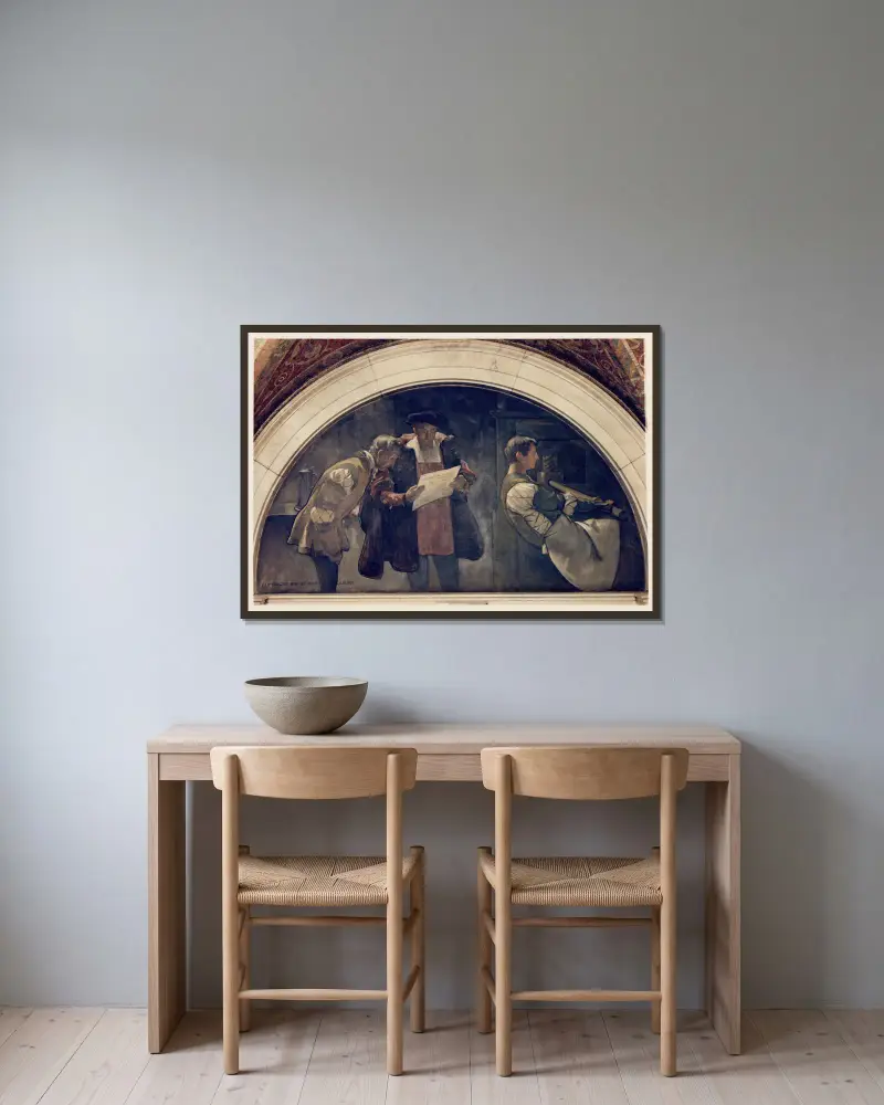 Druckpresse, Wandgemälde aus der Serie Die Entwicklung des Buches von John White Alexander gerahmt an einer Wand