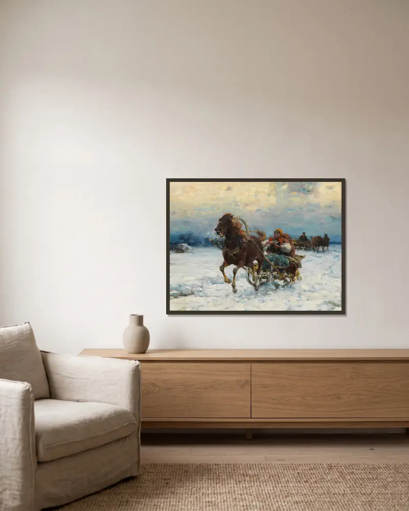 Fröhliche Schlittenfahrt, 1910 – Nr. 1 von Alfred von Wierusz-Kowalski gerahmt an einer Wand