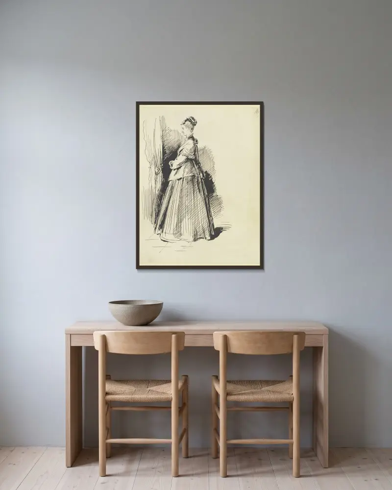 Johanna Kessler, stående i profil mot vänster av Wilhelm Busch inramad på en vägg
