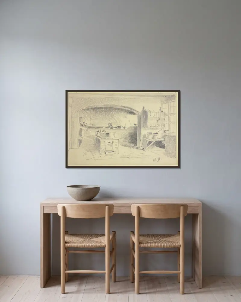 Küche mit Herd, Regal und Mauerbogen von Wilhelm Busch gerahmt an einer Wand