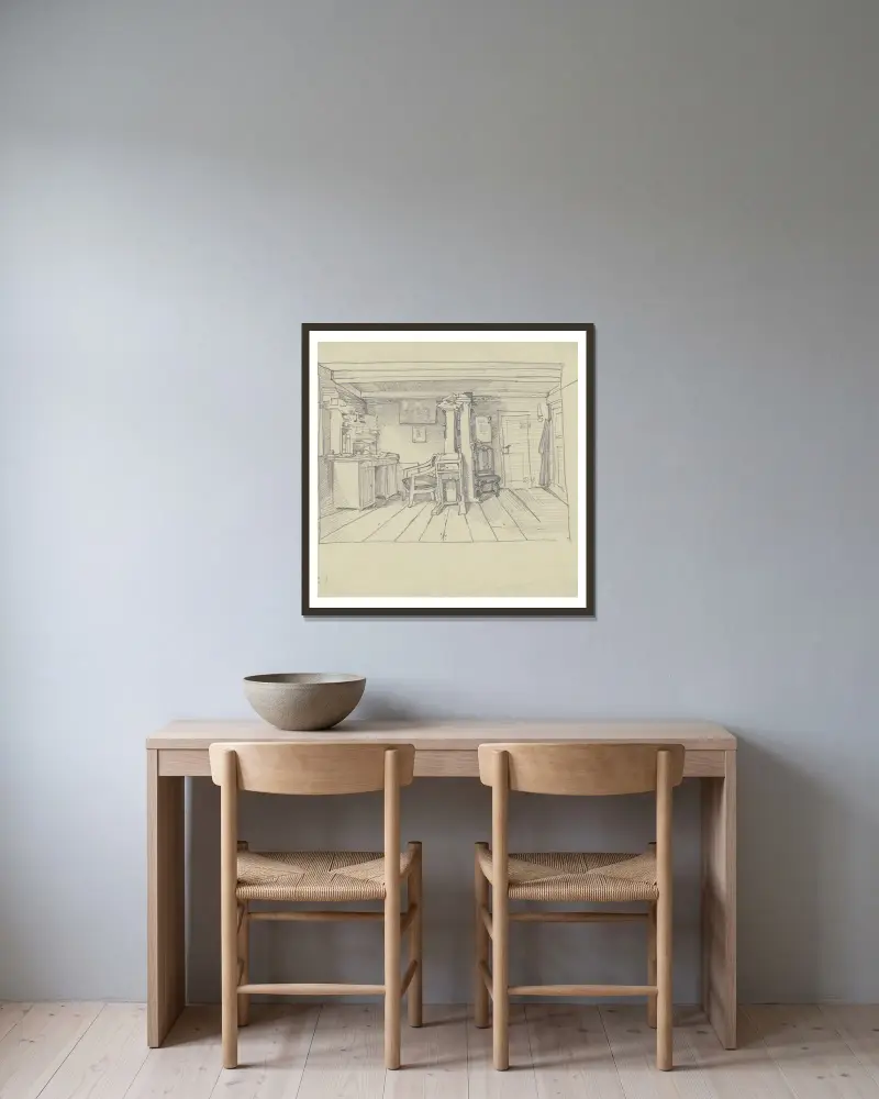 Rum med skrivbord, ståpulpet och bokhyllor av Wilhelm Busch inramad på en vägg