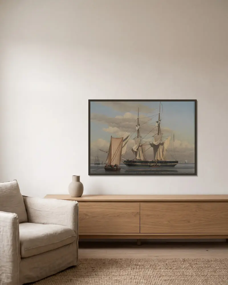 En amerikansk marinbrigg till ankars medan seglen torkar av Christoffer Wilhelm Eckersberg inramad på en vägg
