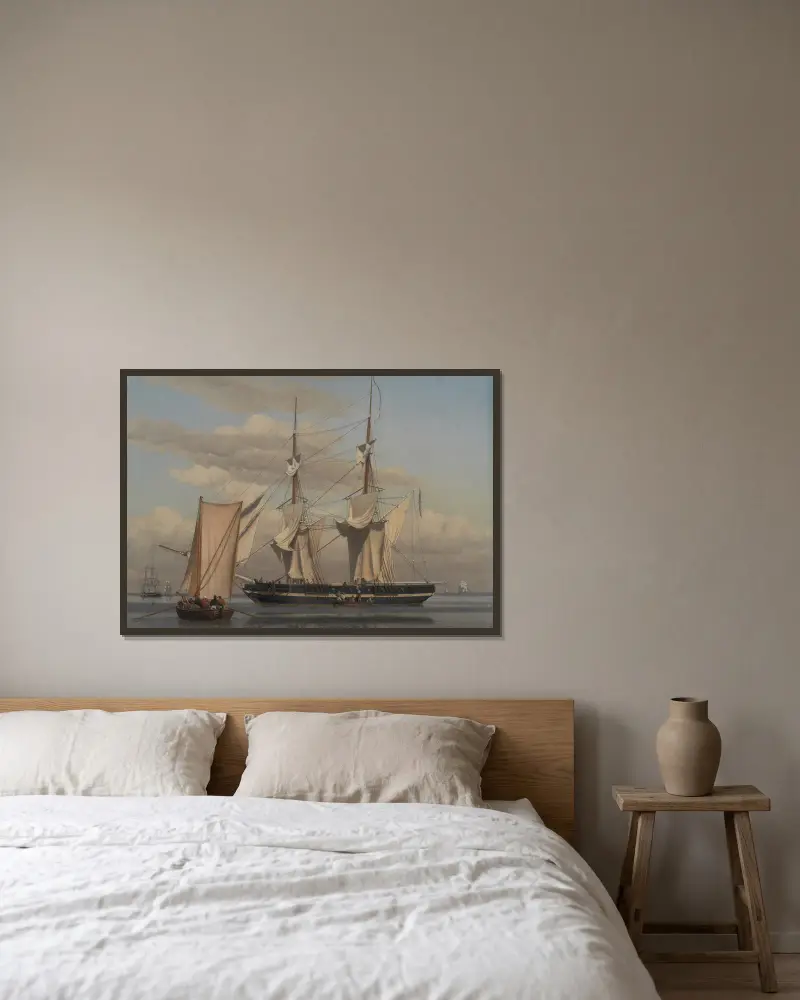En amerikansk marinbrigg till ankars medan seglen torkar av Christoffer Wilhelm Eckersberg inramad på en vägg