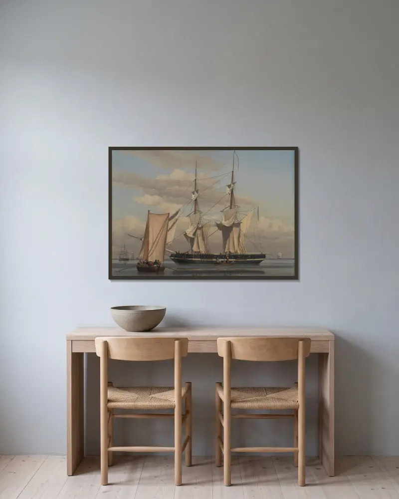 En amerikansk marinbrigg till ankars medan seglen torkar av Christoffer Wilhelm Eckersberg inramad på en vägg