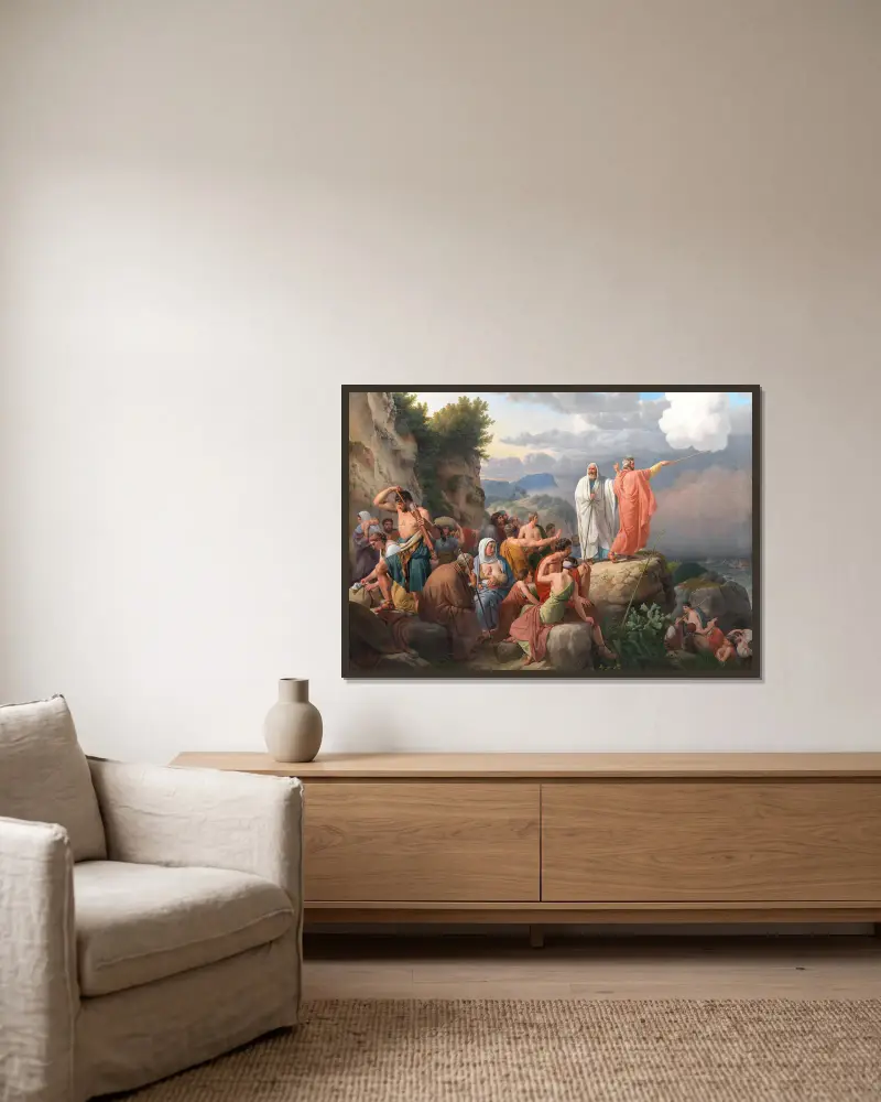 Moses lader Det Røde Hav vende tilbage og Faraos hær oversvømmes av Christoffer Wilhelm Eckersberg inramad på en vägg