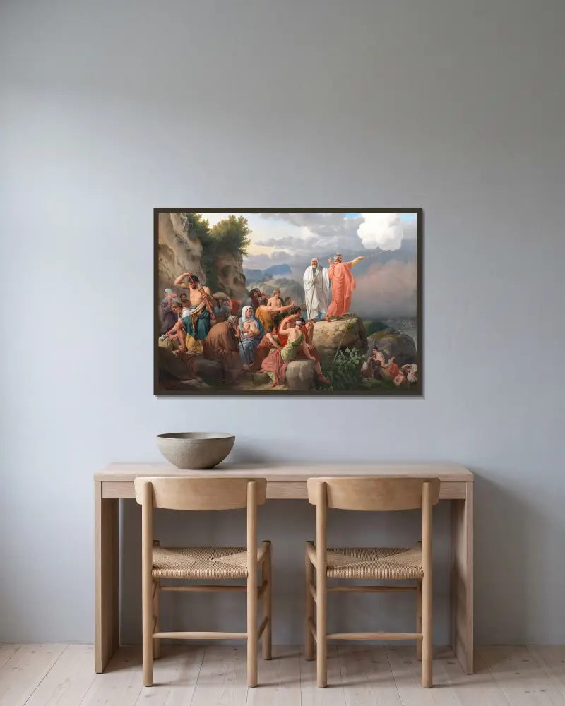 Moses lader Det Røde Hav vende tilbage og Faraos hær oversvømmes av Christoffer Wilhelm Eckersberg inramad på en vägg