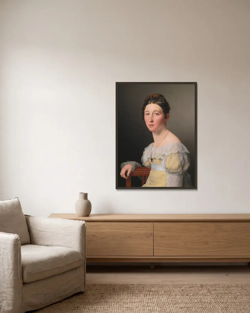 Porträtt av Emilie Henriette Massmann, trolovad med Frederik Wilhelm Caspar von Benzon av Christoffer Wilhelm Eckersberg inramad på en vägg