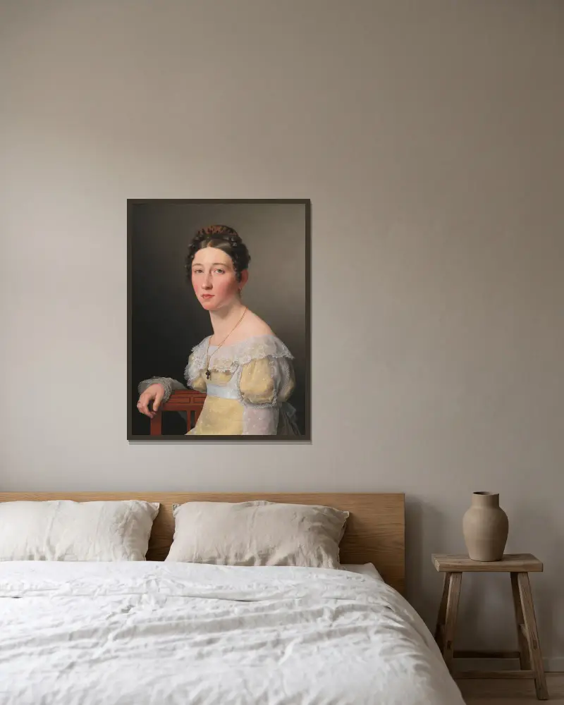 Porträtt av Emilie Henriette Massmann, trolovad med Frederik Wilhelm Caspar von Benzon av Christoffer Wilhelm Eckersberg inramad på en vägg