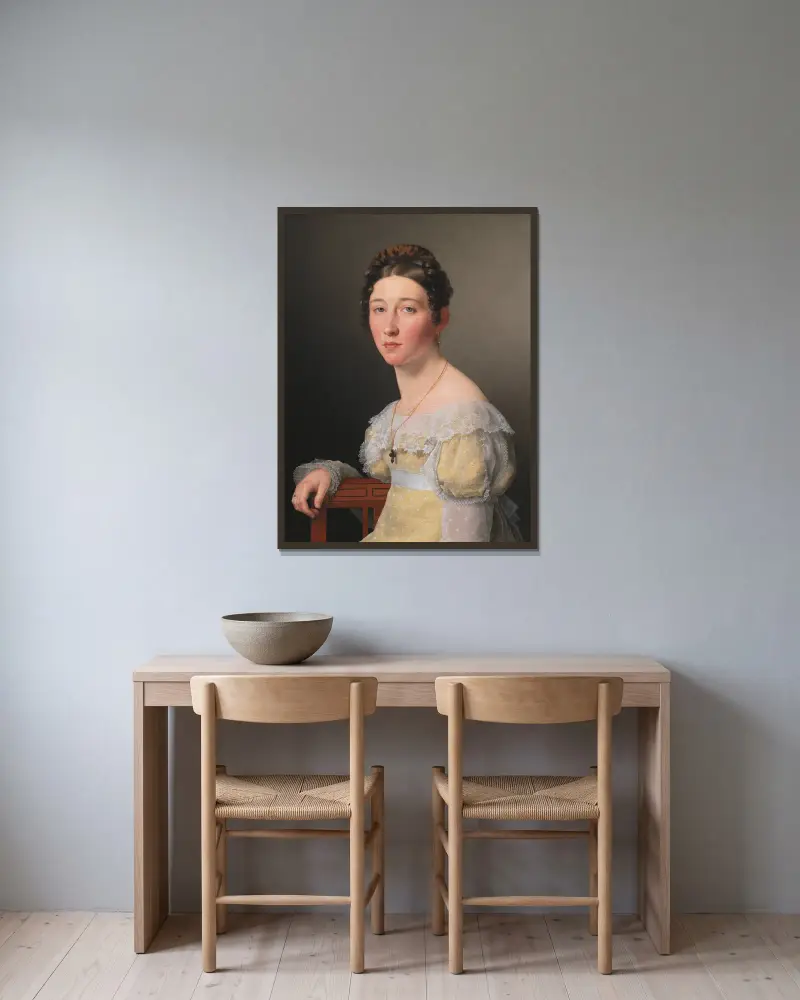 Porträtt av Emilie Henriette Massmann, trolovad med Frederik Wilhelm Caspar von Benzon av Christoffer Wilhelm Eckersberg inramad på en vägg