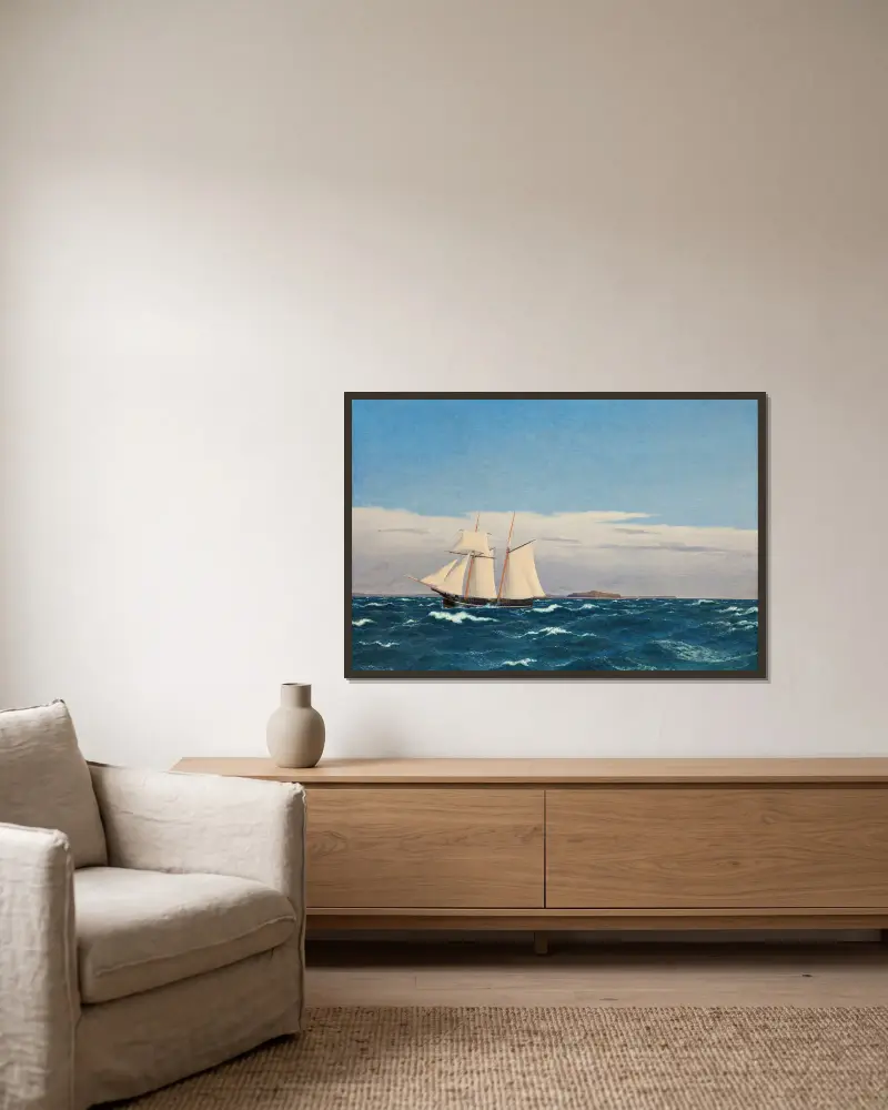 Seestück mit der Insel Hjelm und der Küste Jütlands von Christoffer Wilhelm Eckersberg gerahmt an einer Wand