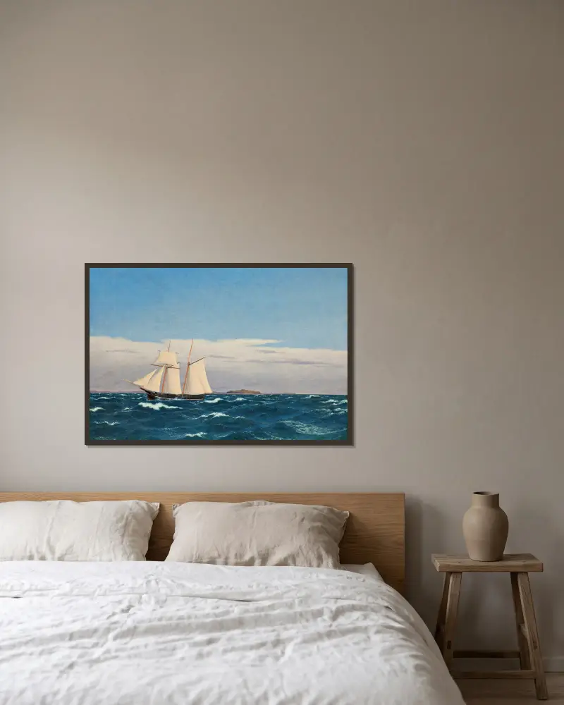 Seestück mit der Insel Hjelm und der Küste Jütlands von Christoffer Wilhelm Eckersberg gerahmt an einer Wand