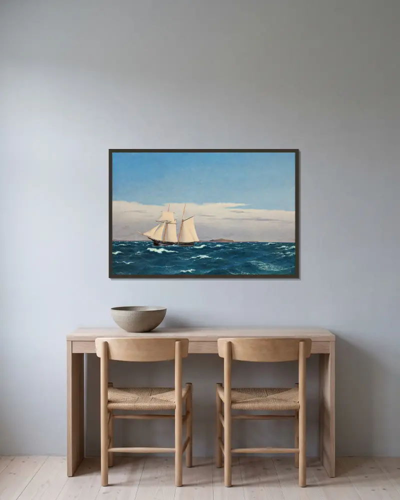 Seestück mit der Insel Hjelm und der Küste Jütlands von Christoffer Wilhelm Eckersberg gerahmt an einer Wand