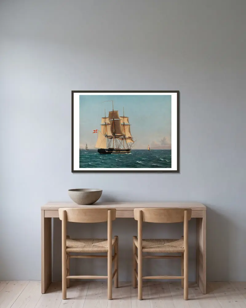 Korvetten Najaden under sejl, Christoffer Wilhelm Eckersberg v rámu na stěně
