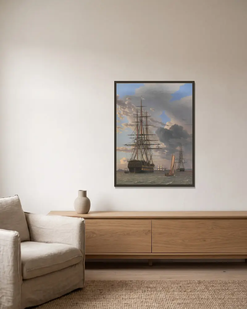 Det ryska linjeskeppet Asow och en fregatt till ankars vid Helsingör av Christoffer Wilhelm Eckersberg inramad på en vägg