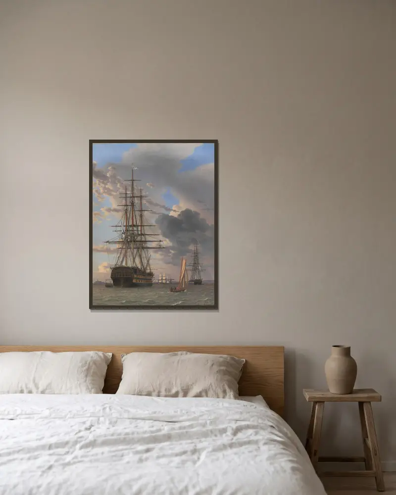 Det ryska linjeskeppet Asow och en fregatt till ankars vid Helsingör av Christoffer Wilhelm Eckersberg inramad på en vägg