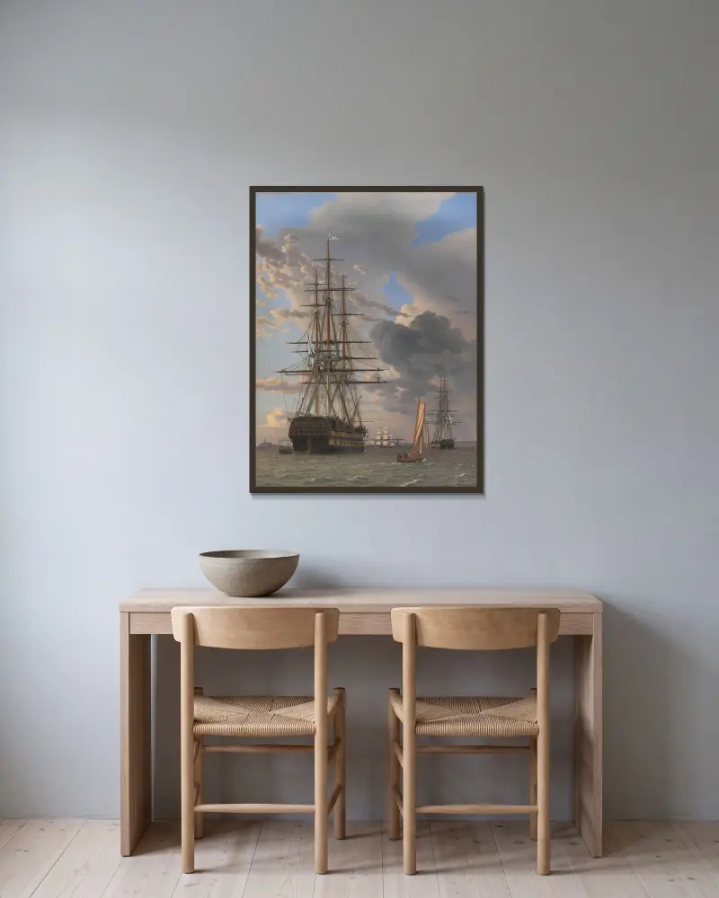 Det ryska linjeskeppet Asow och en fregatt till ankars vid Helsingör av Christoffer Wilhelm Eckersberg inramad på en vägg
