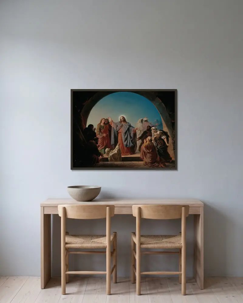 Jesus Wakes Lazarus av Robert Wilhelm Ekman inramad på en vägg