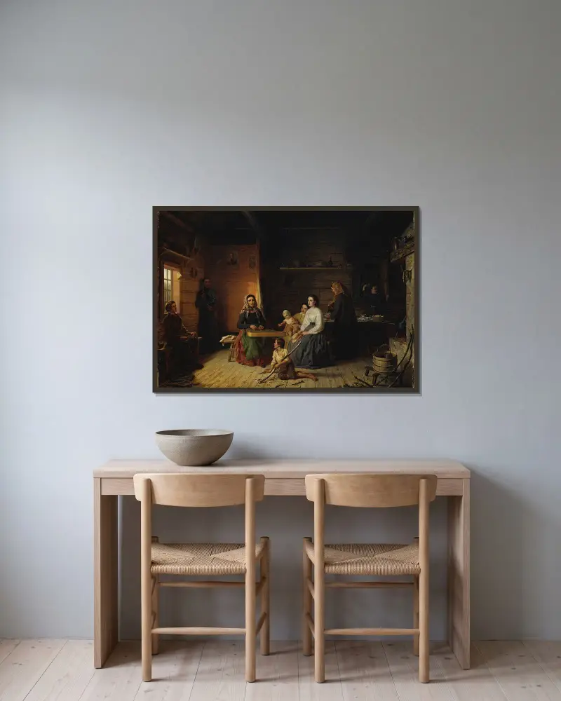Kreeta Haapasalo spelar kantele i en bondstuga av Robert Wilhelm Ekman inramad på en vägg