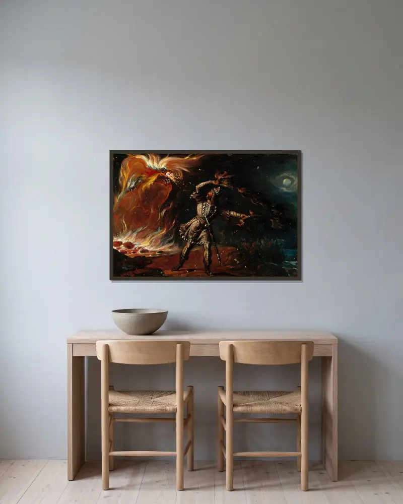 Lemminkäinen och den brinnande örnen av Robert Wilhelm Ekman inramad på en vägg