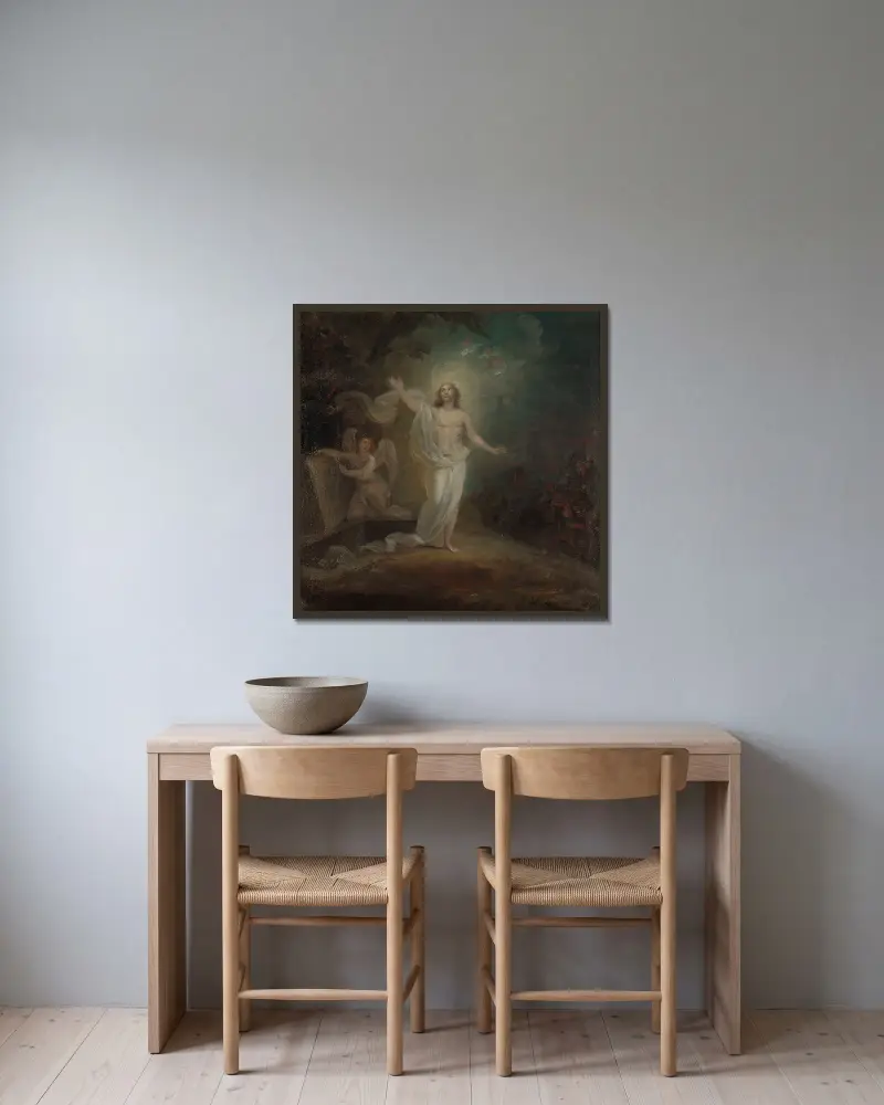 Kristi uppståndelse, altarskiss av Robert Wilhelm Ekman inramad på en vägg