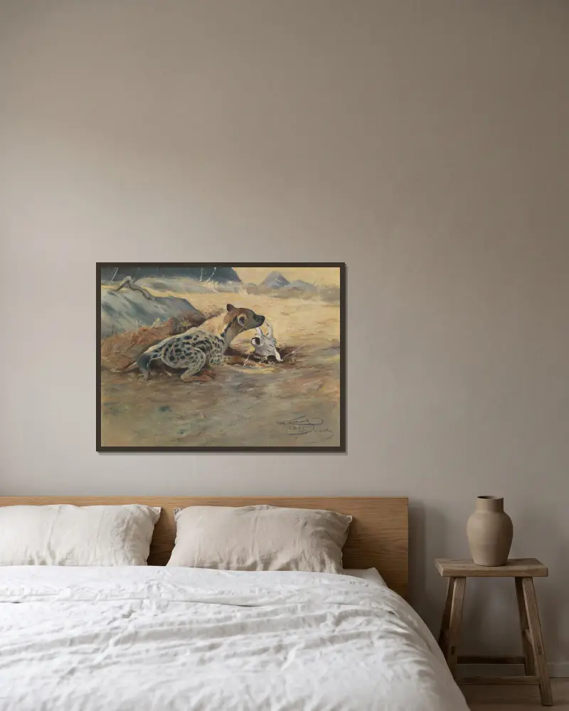 Hyena na číhané, Wilhelm Kuhnert v rámu na stěně