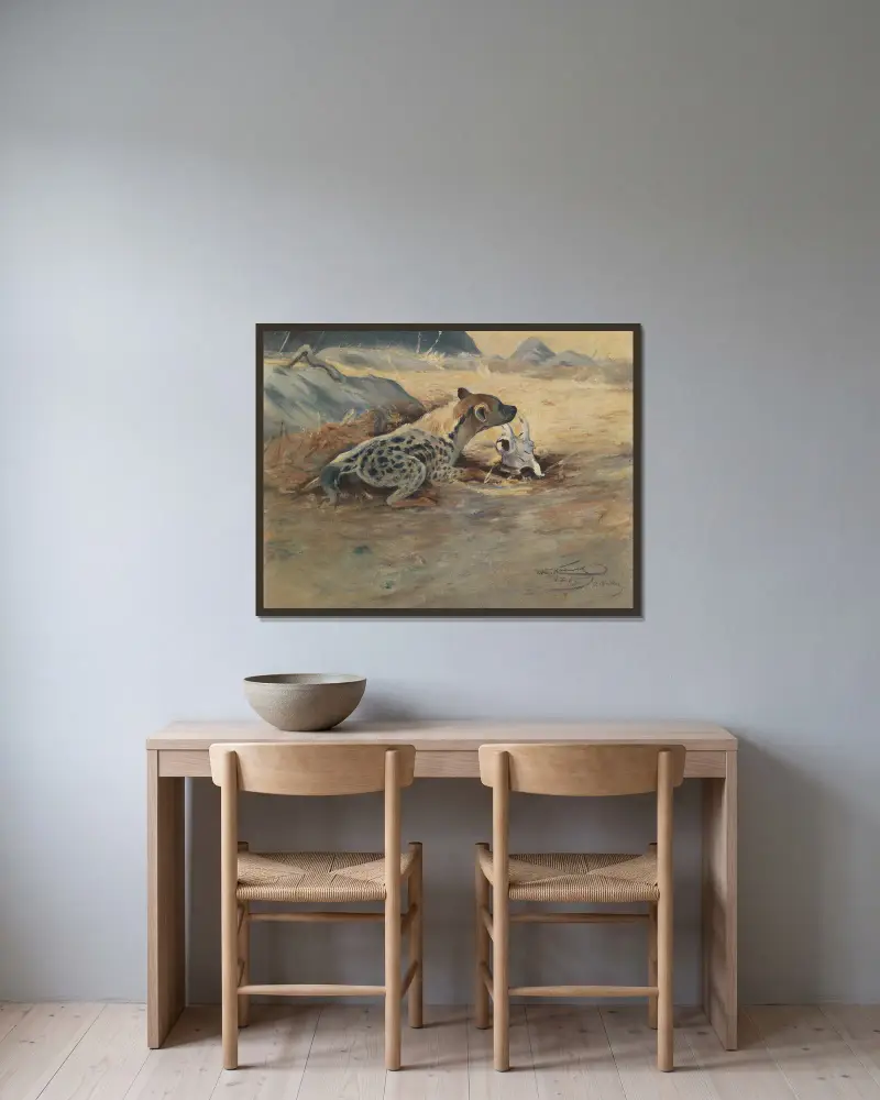Hyena na číhané, Wilhelm Kuhnert v rámu na stěně