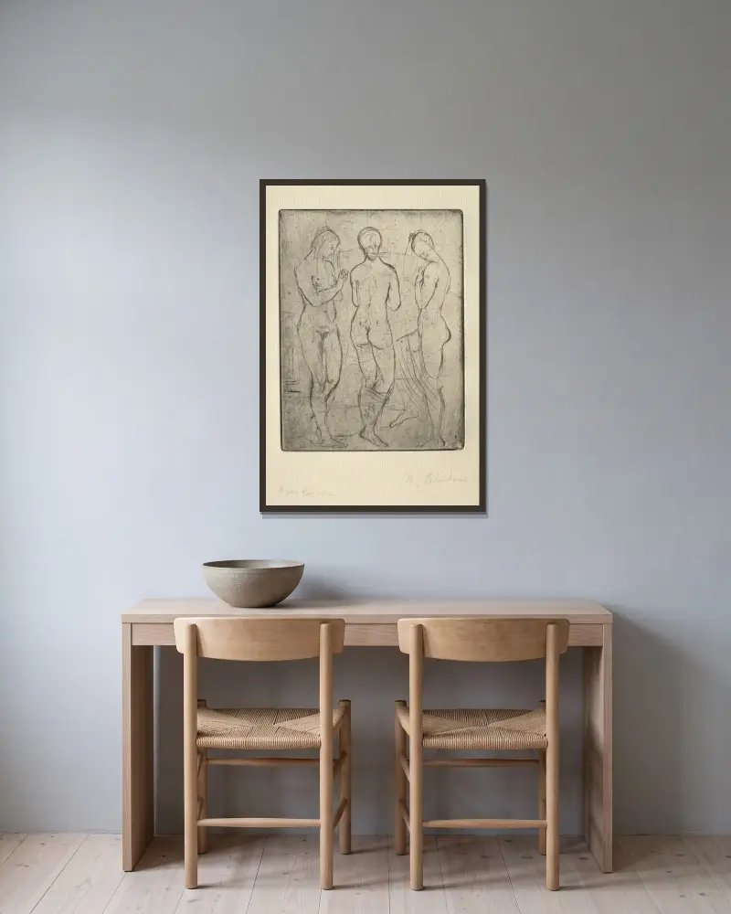 Three Women av Wilhelm Lehmbruck inramad på en vägg
