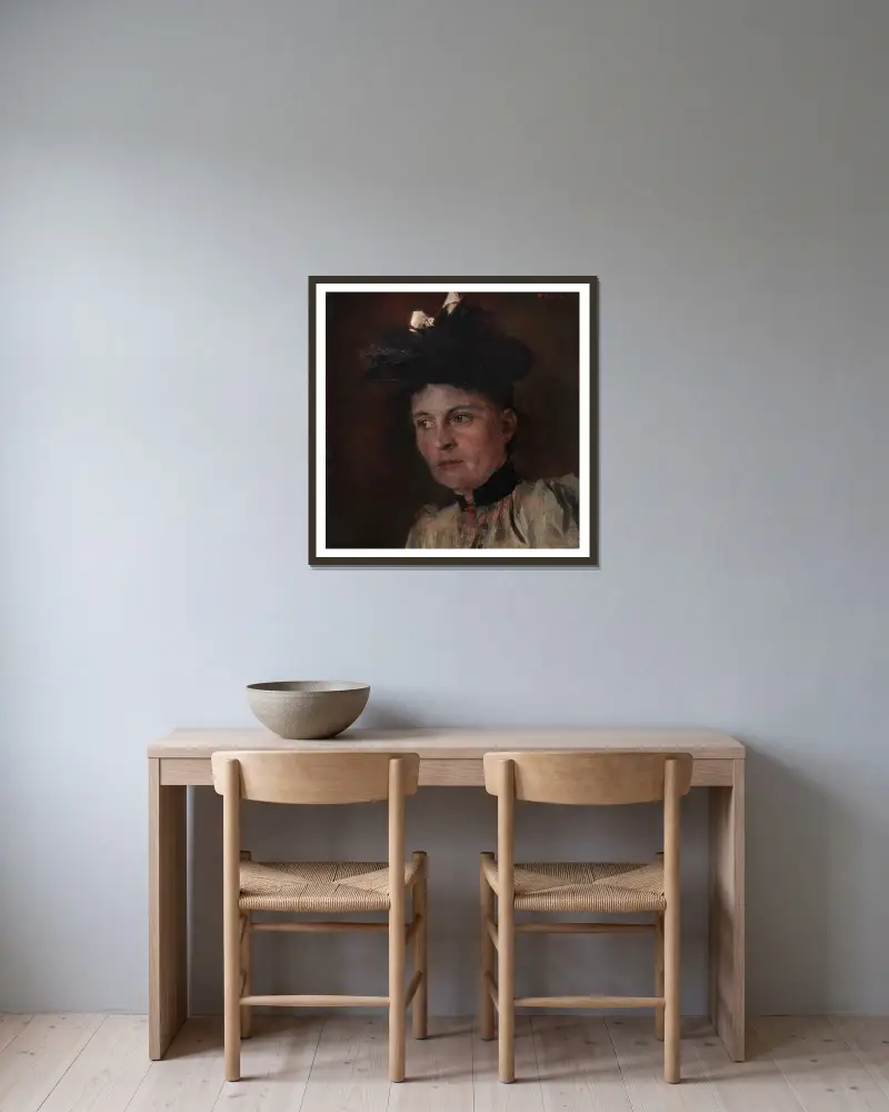 Porträtt av fru Auguste Mayr av Wilhelm Leibl inramad på en vägg