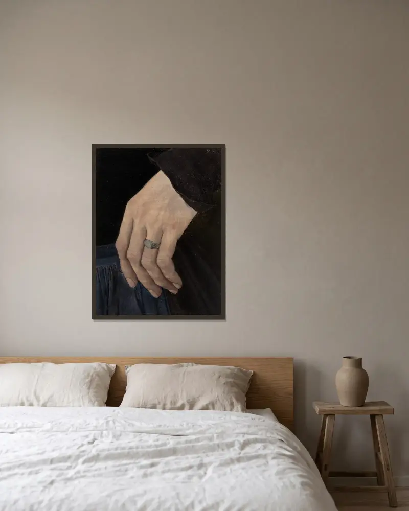 Vänster hand från 'Flickan med nejlikan' av Wilhelm Leibl inramad på en vägg