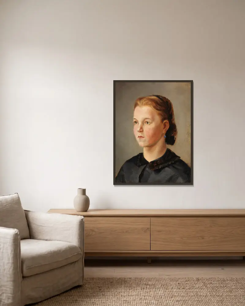 Mädchenbildnis (Therese Heyden) av Wilhelm Leibl inramad på en vägg