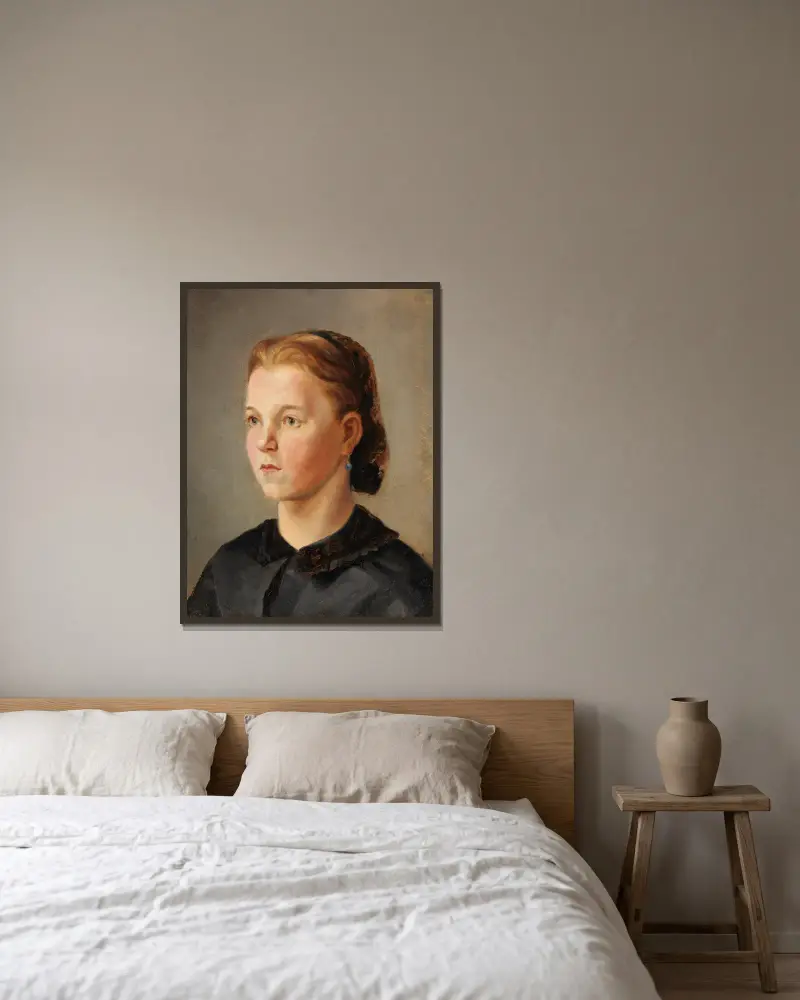 Mädchenbildnis (Therese Heyden) av Wilhelm Leibl inramad på en vägg