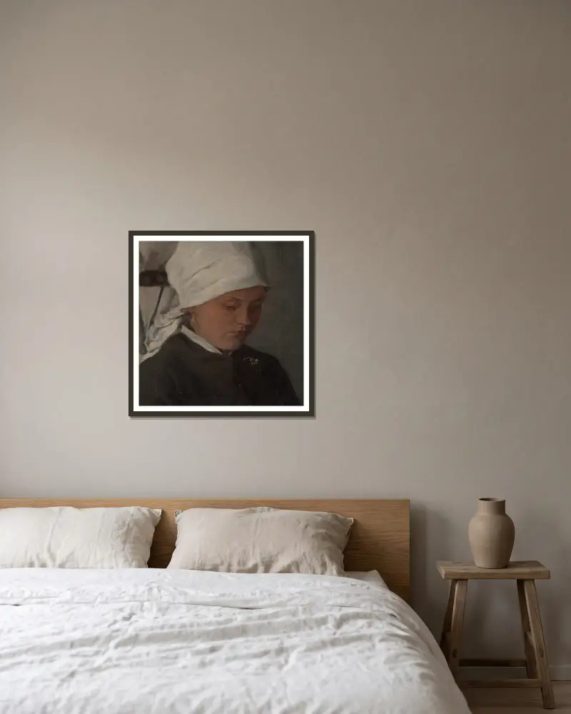 Bondflicka med vit huvudduk av Wilhelm Leibl inramad på en vägg