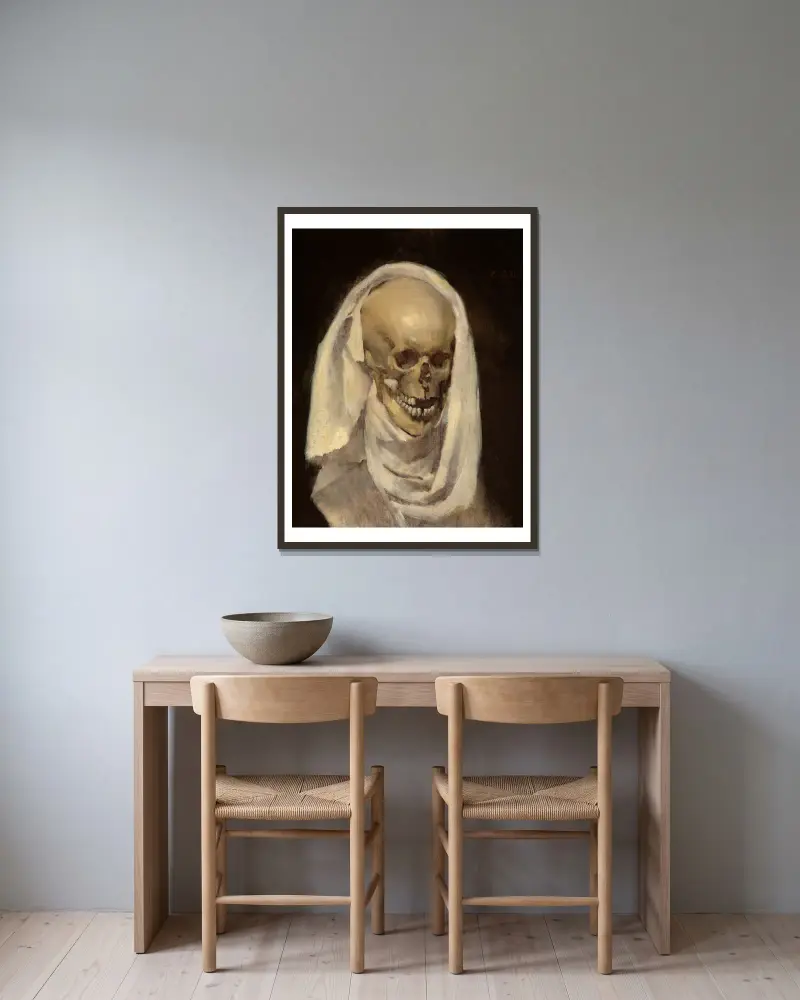Dödsskalle med svepning av Wilhelm Leibl inramad på en vägg
