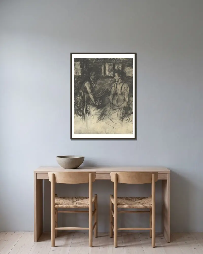Two Women in the Kitchen av Wilhelm Leibl inramad på en vägg
