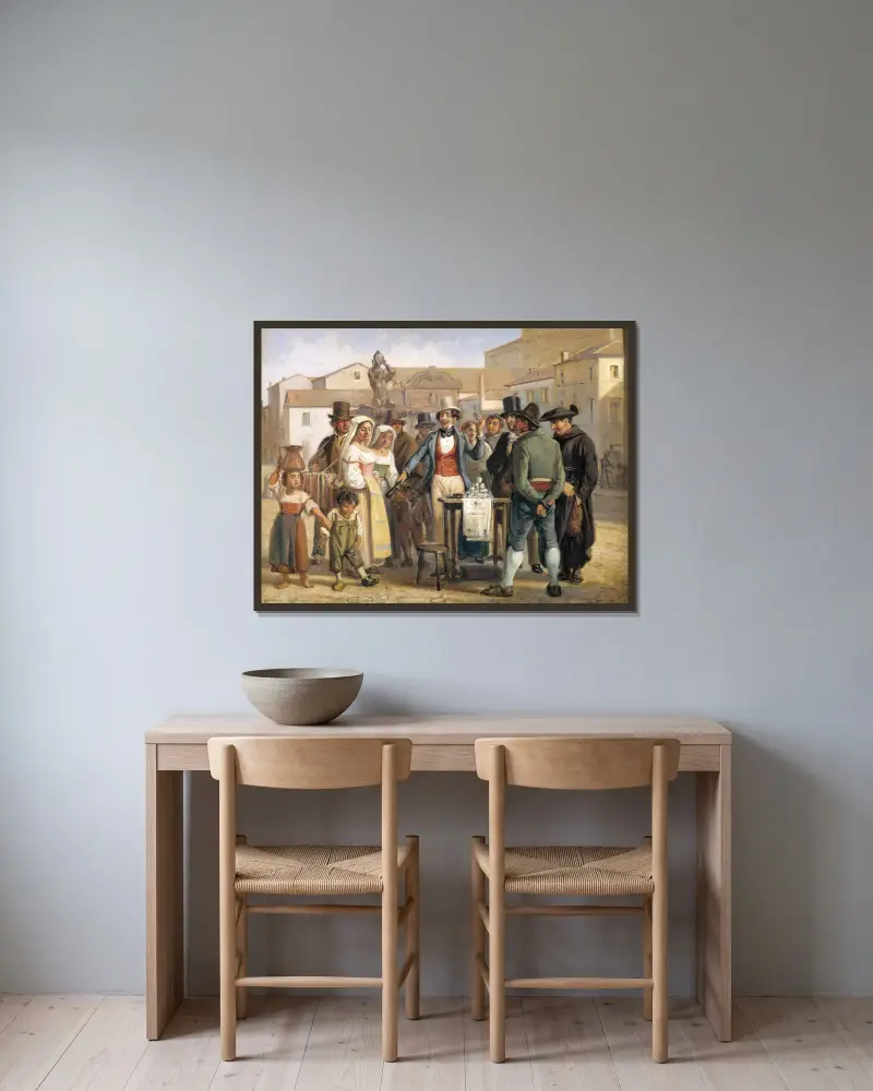 En charlatan säljer skokräm på Piazza Barberini i Rom av Wilhelm Marstrand inramad på en vägg