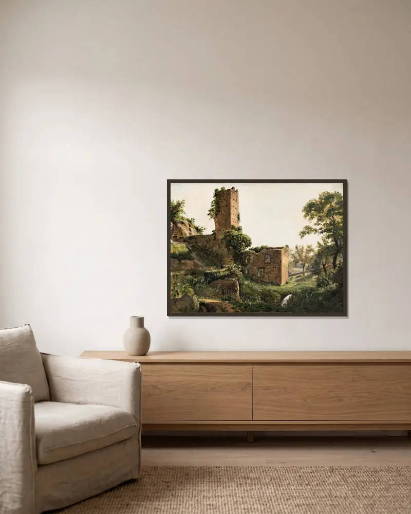 Landscape with ruins av Wilhelm Marstrand inramad på en vägg