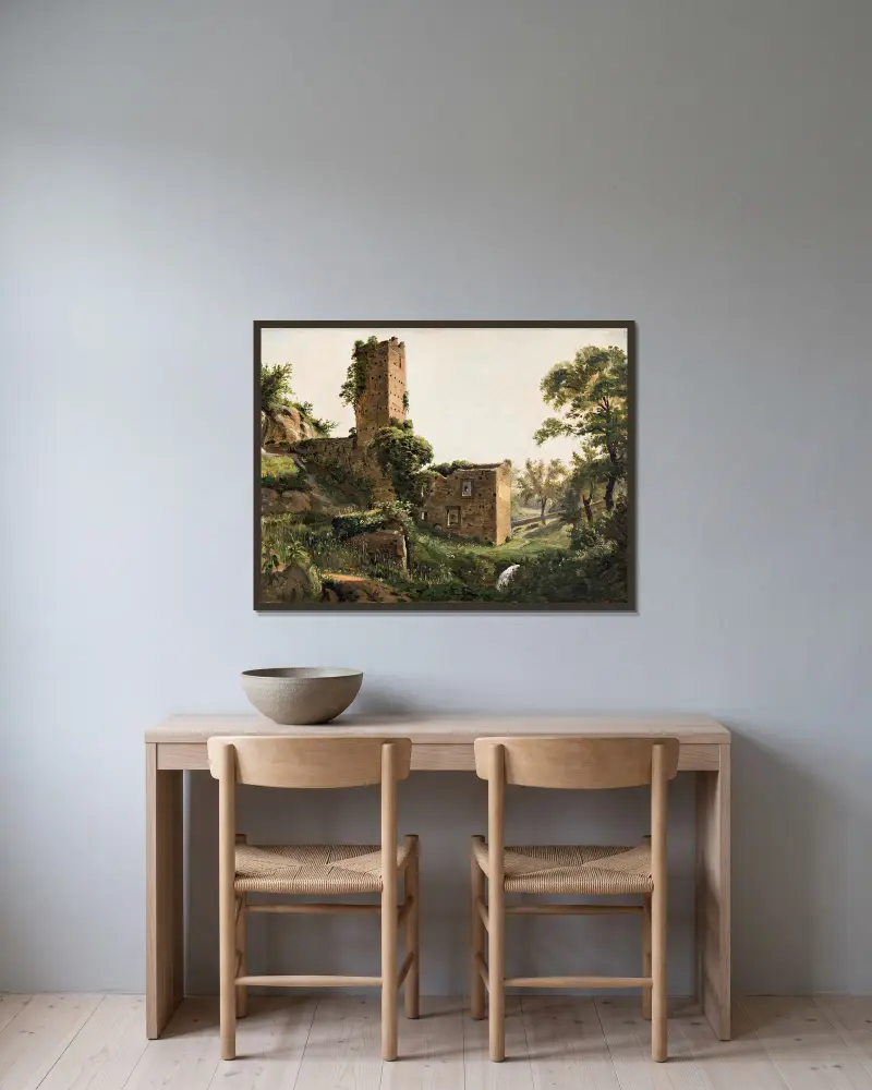 Landscape with ruins av Wilhelm Marstrand inramad på en vägg