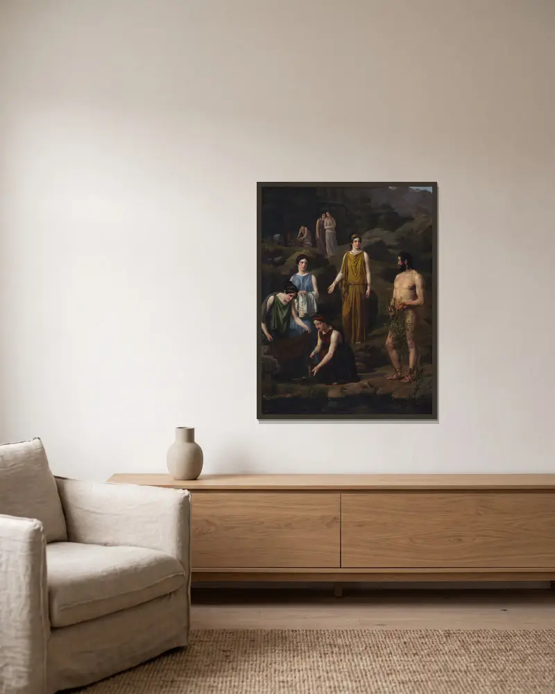 Nausikaa kleidet den schiffbrüchigen Odysseus von Wilhelm Marstrand gerahmt an einer Wand
