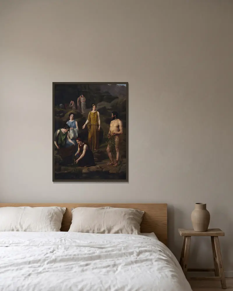 Nausikaa kleidet den schiffbrüchigen Odysseus von Wilhelm Marstrand gerahmt an einer Wand